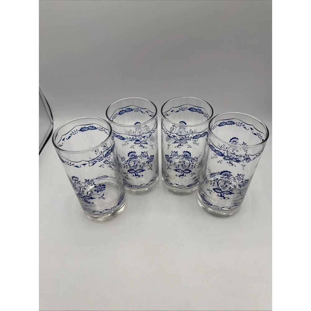 Vintage Libbey Corelle Blue Floral 1985 12 Oz Tumblers Set 4 Blue Onion Style
